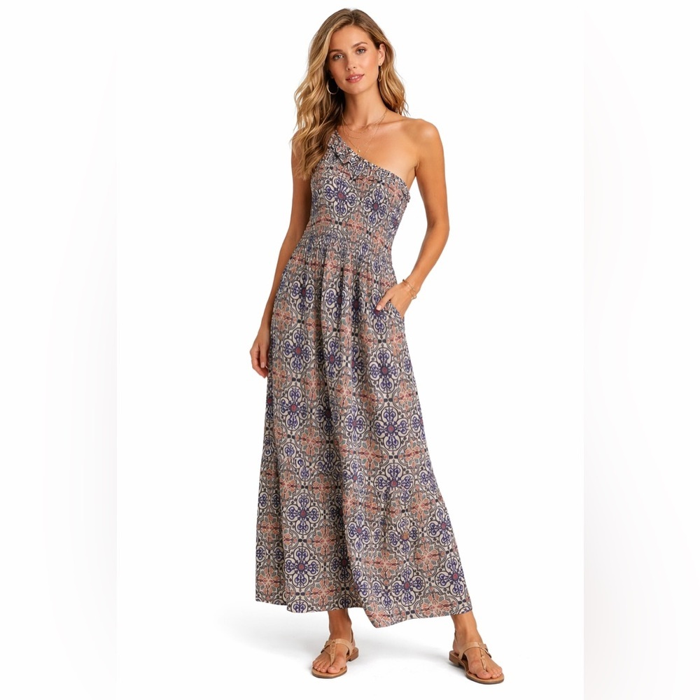 Knox Rose Boho One Shoulder Maxi Dress Smocked Tile Print NWT XXL